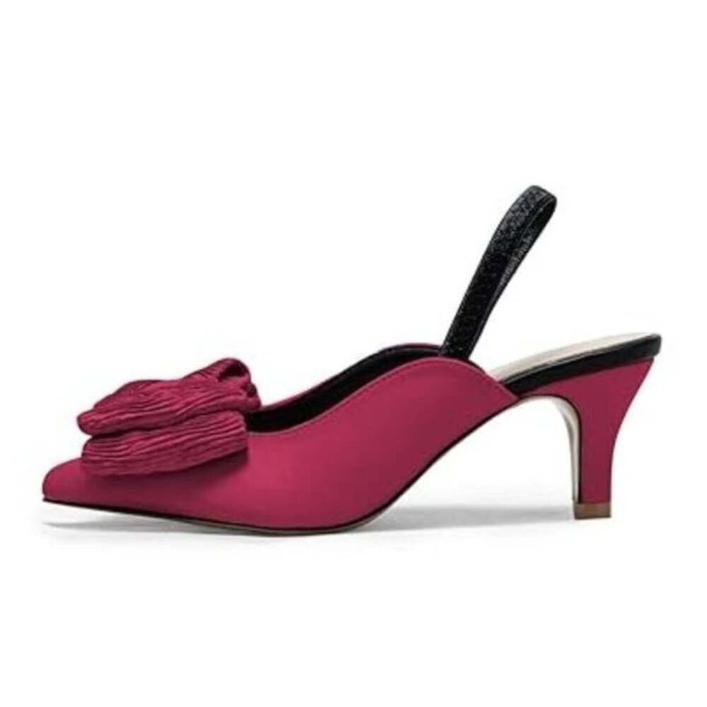 FSJ Women's Cute Low Kitten Heel Slingback Dress Pumps Bowtie Pointed Toe Comfor